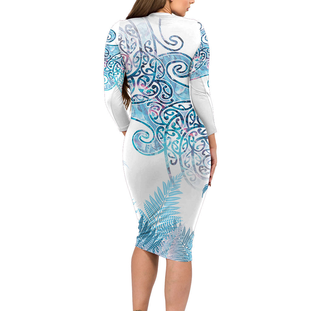 Aotearoa Maori Koru Curves Long Sleeve Bodycon Dress Aqua Paua Shell LT7 - Polynesian Pride
