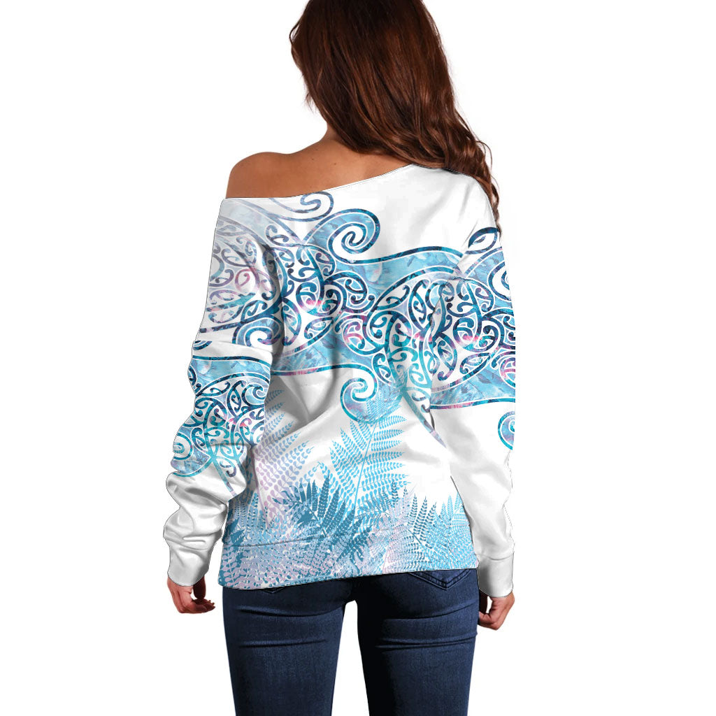 Aotearoa Maori Koru Curves Off Shoulder Sweater Aqua Paua Shell LT7 - Polynesian Pride