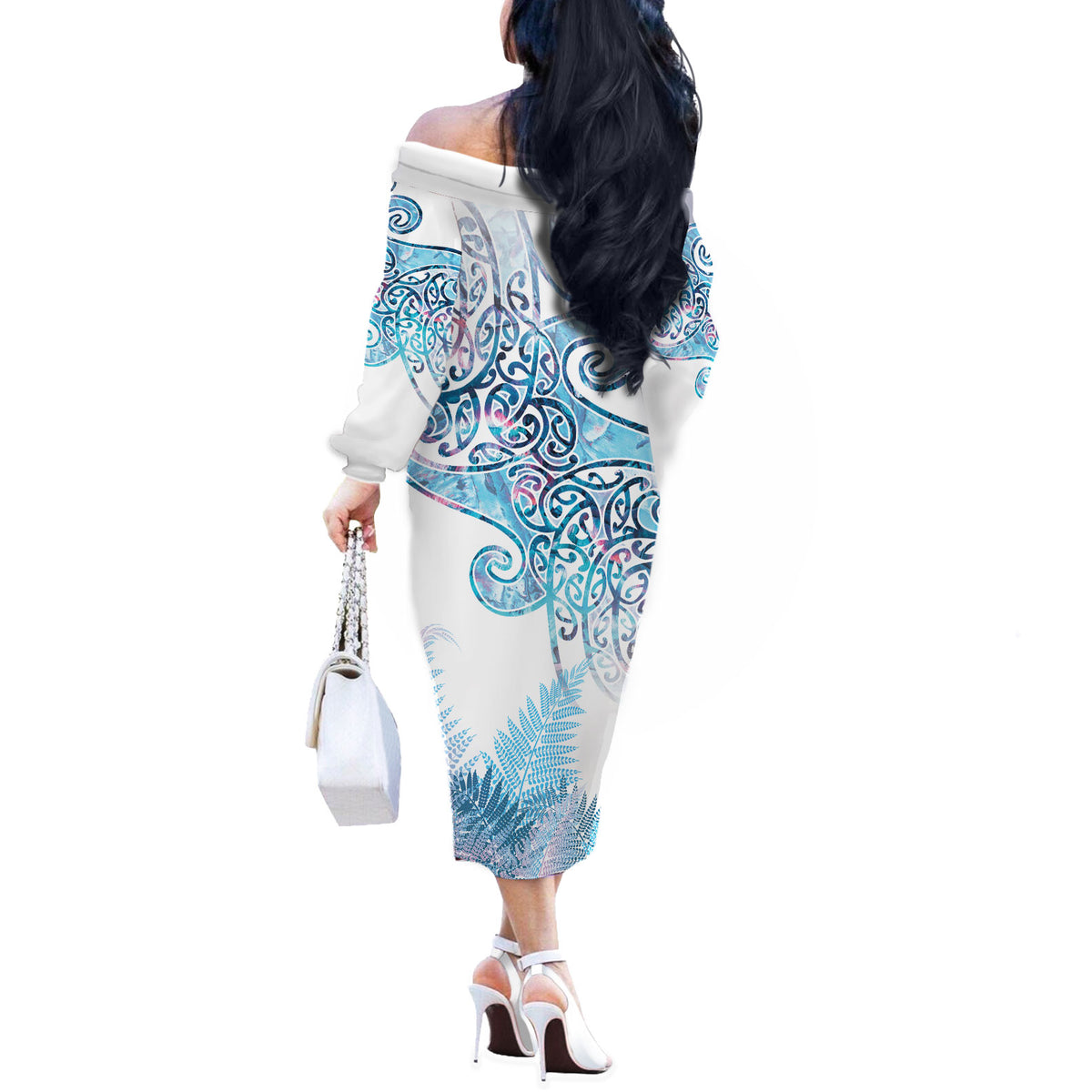 Aotearoa Maori Koru Curves Off The Shoulder Long Sleeve Dress Aqua Paua Shell LT7 - Polynesian Pride