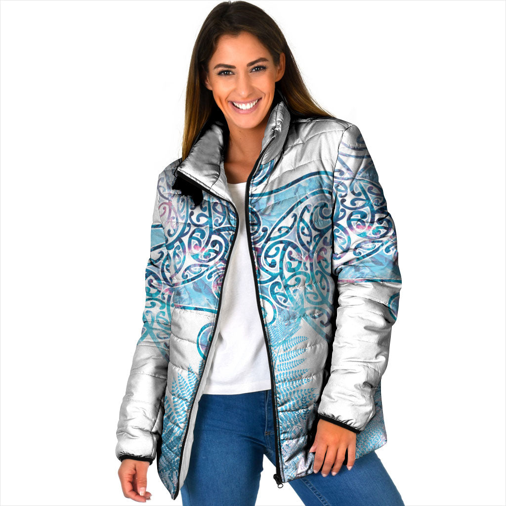 Aotearoa Maori Koru Curves Padded Jacket Aqua Paua Shell LT7 Women Blue - Polynesian Pride