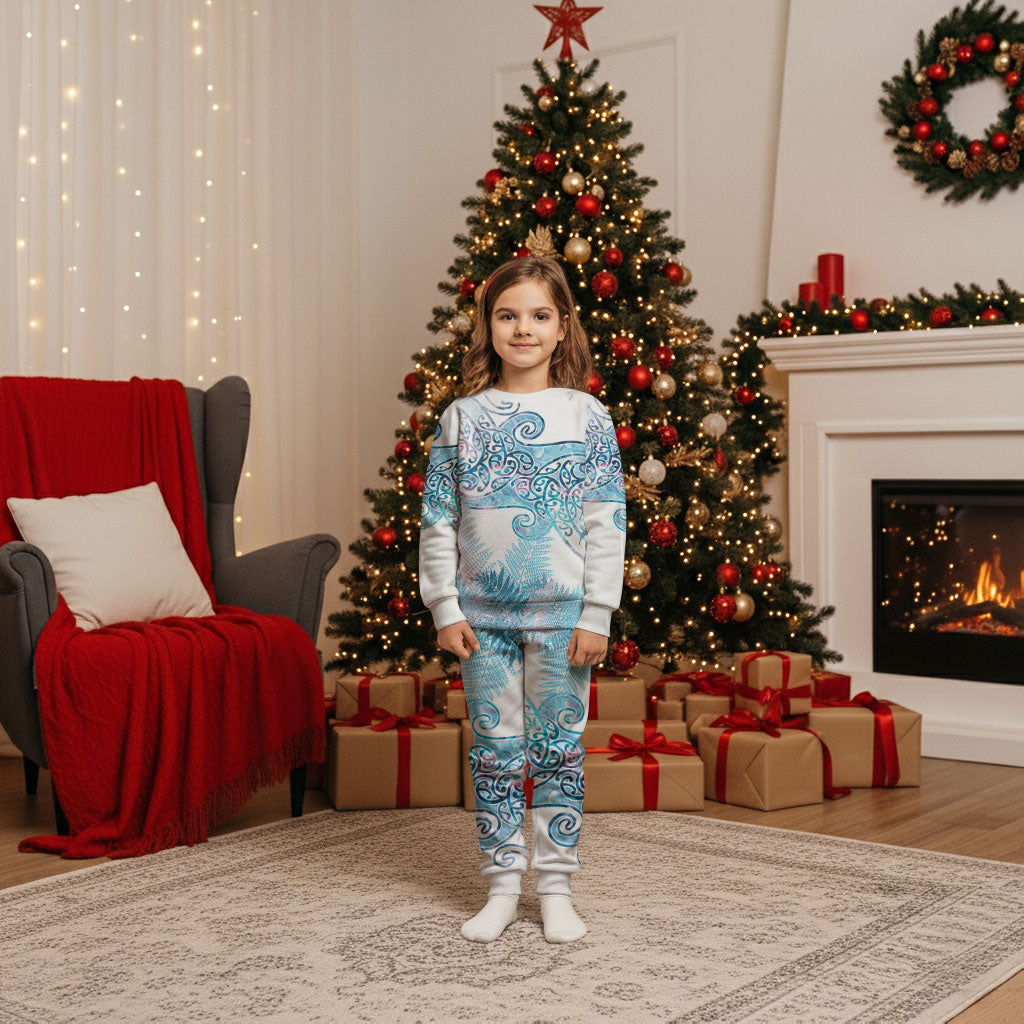 Aotearoa Maori Koru Curves Christmas Pajama Set Aqua Paua Shell LT7 Kid Blue - Polynesian Pride