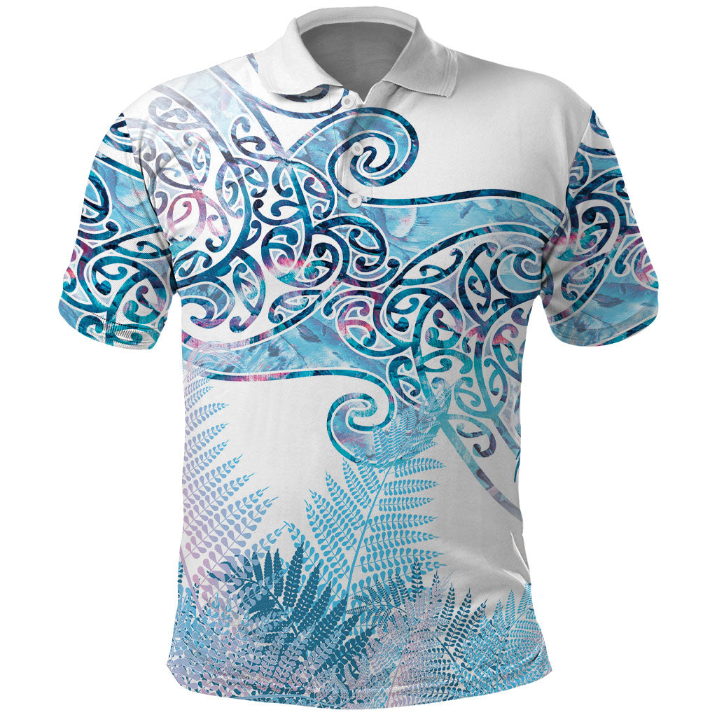 Aotearoa Maori Koru Curves Polo Shirt Aqua Paua Shell