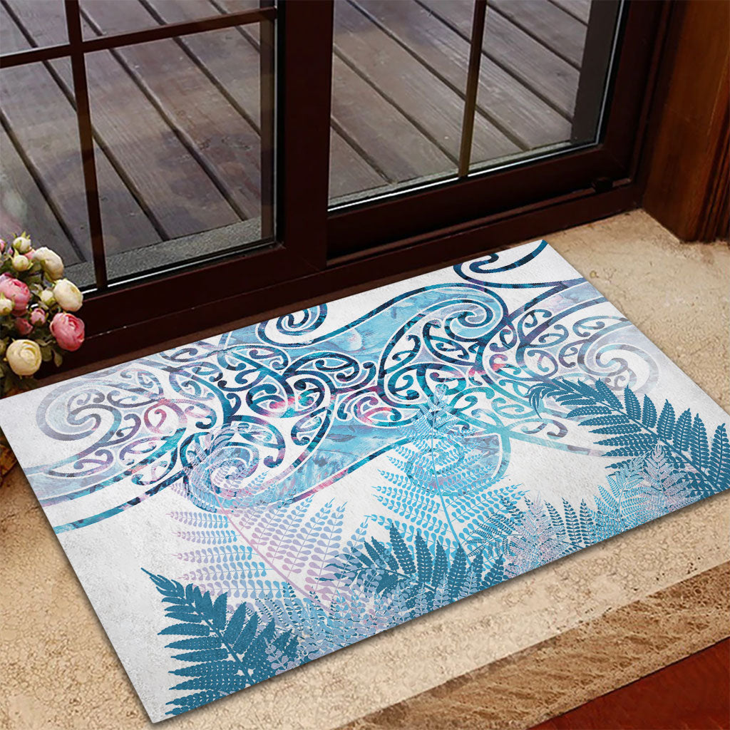 Aotearoa Maori Koru Curves Rubber Doormat Aqua Paua Shell