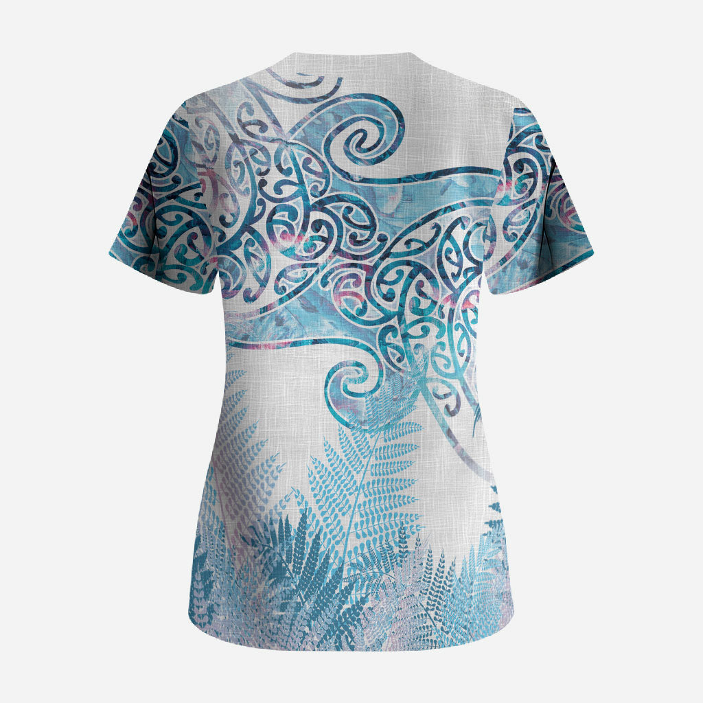 Aotearoa Maori Koru Curves Scrub Top Aqua Paua Shell LT7 - Polynesian Pride