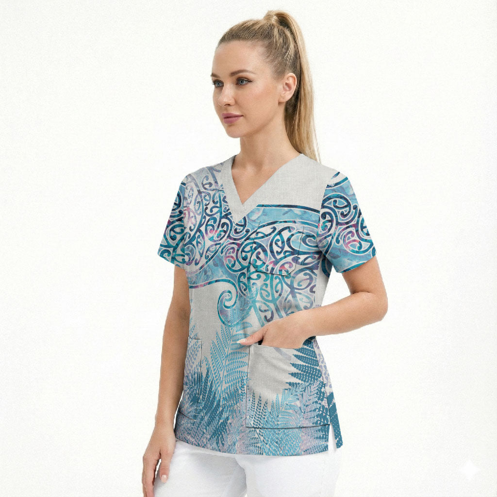 Aotearoa Maori Koru Curves Scrub Top Aqua Paua Shell LT7 - Polynesian Pride