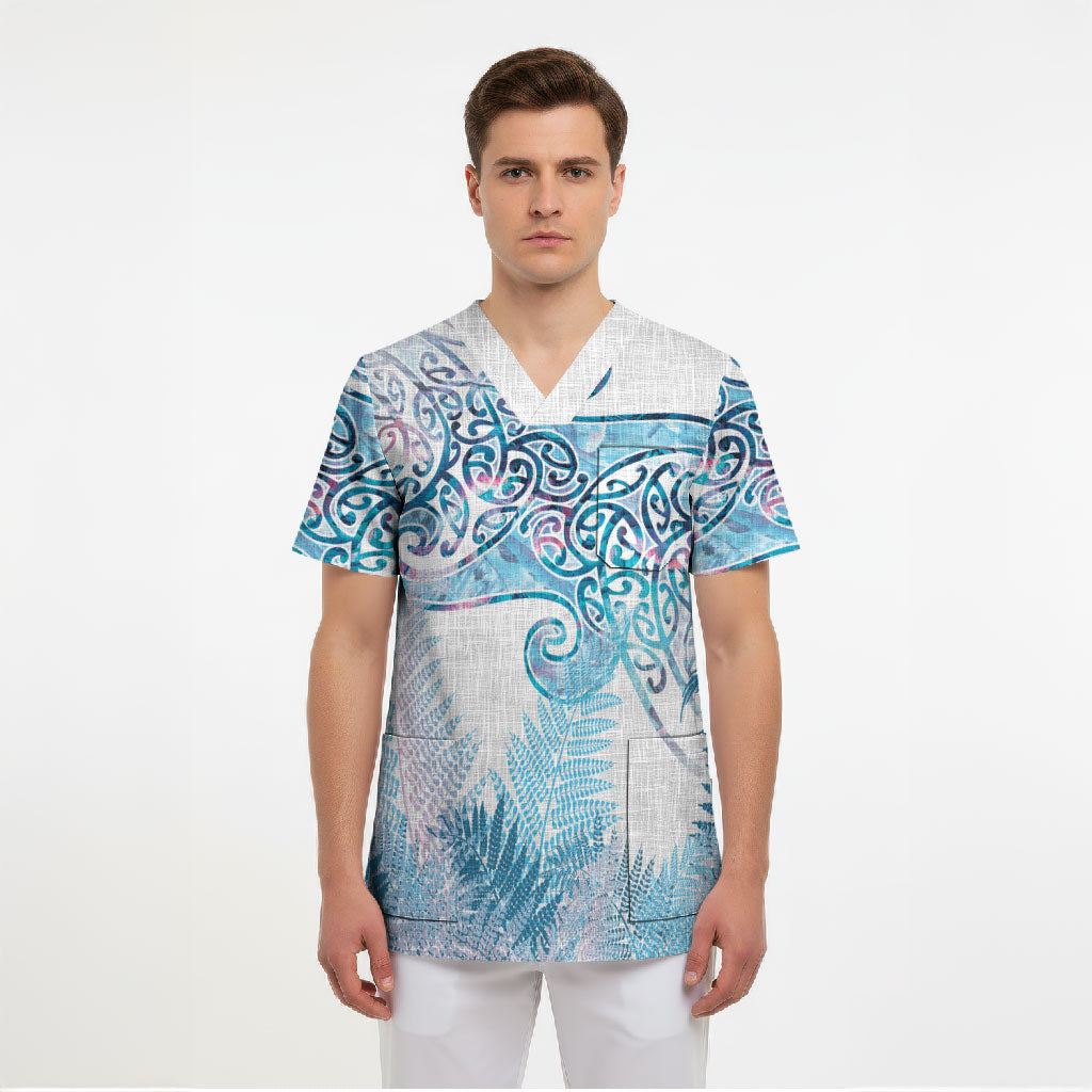 Aotearoa Maori Koru Curves Scrub Top Aqua Paua Shell LT7 - Polynesian Pride