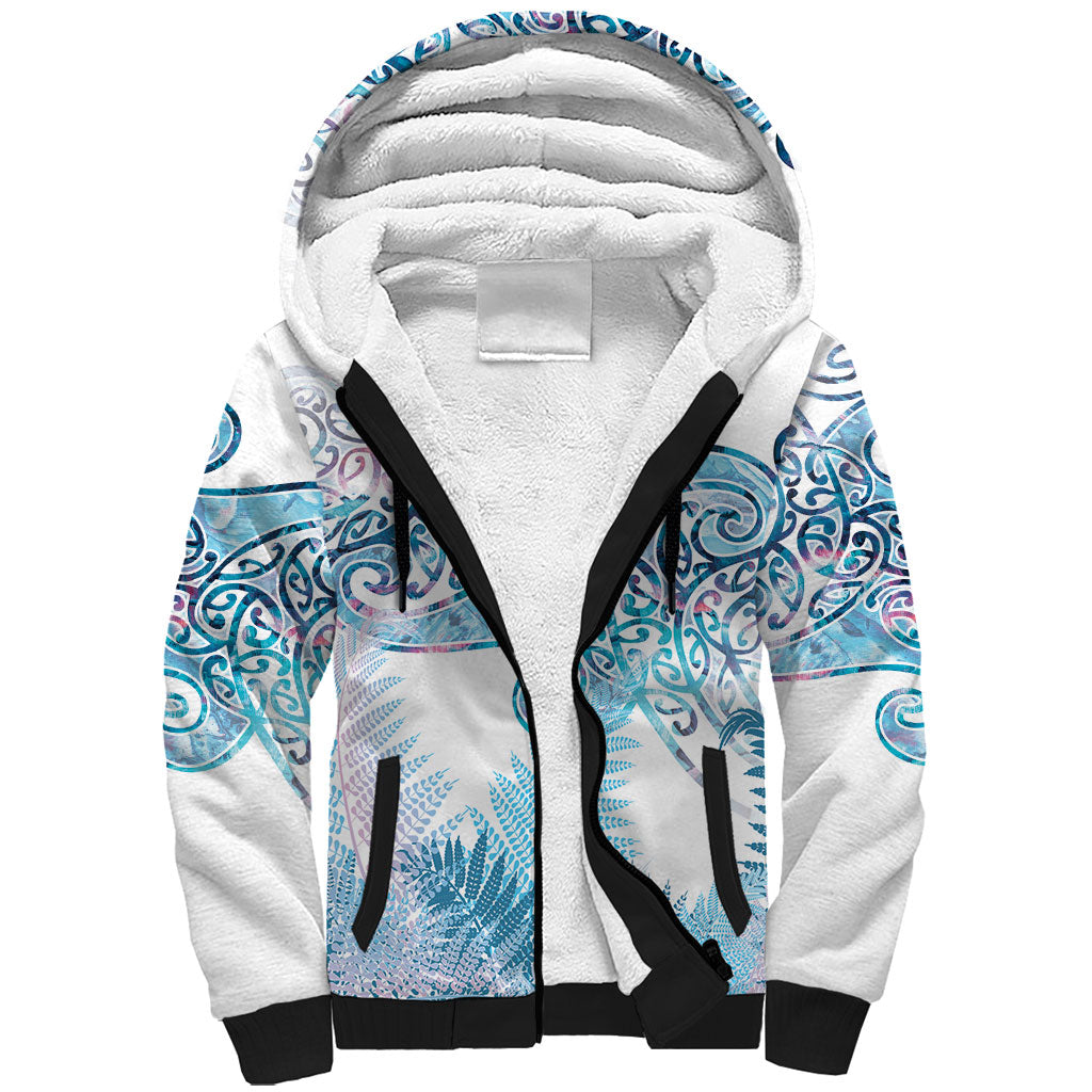 Aotearoa Maori Koru Curves Sherpa Hoodie Aqua Paua Shell