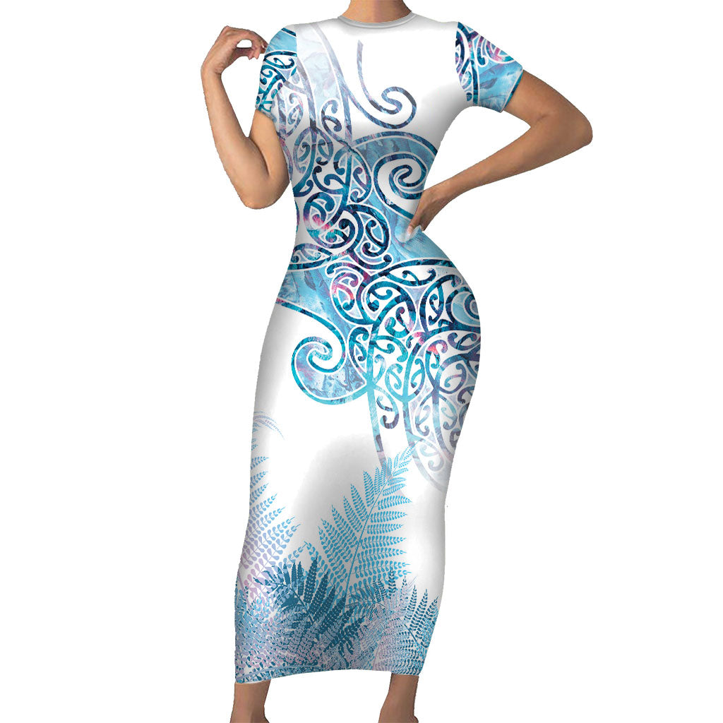 Aotearoa Maori Koru Curves Short Sleeve Bodycon Dress Aqua Paua Shell LT7 Long Dress Blue - Polynesian Pride