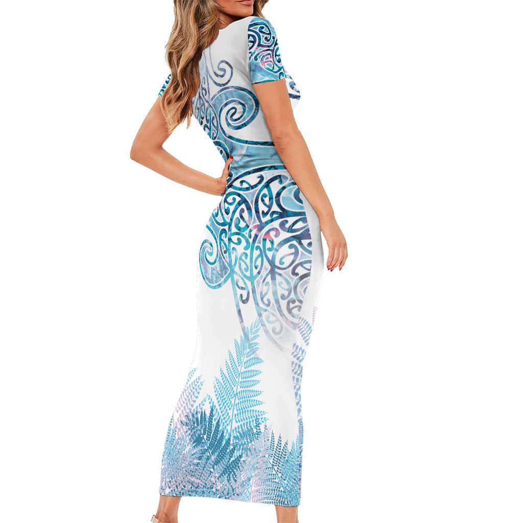 Aotearoa Maori Koru Curves Short Sleeve Bodycon Dress Aqua Paua Shell LT7 - Polynesian Pride