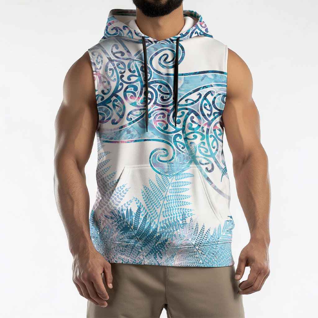 Aotearoa Maori Koru Curves Sleeveless Hoodie Aqua Paua Shell LT7 - Polynesian Pride