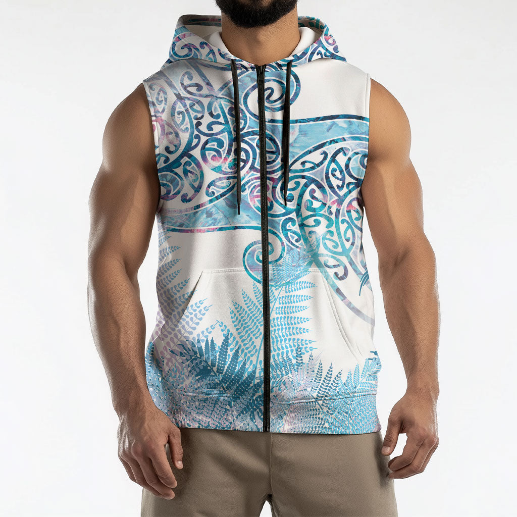 Aotearoa Maori Koru Curves Sleeveless Zip Hoodie Aqua Paua Shell LT7 - Polynesian Pride