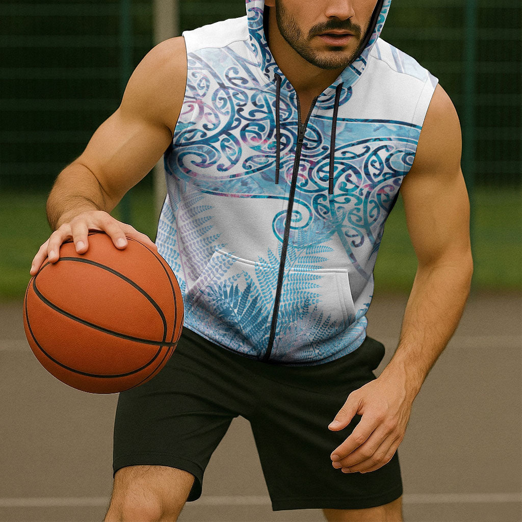 Aotearoa Maori Koru Curves Sleeveless Zip Hoodie Aqua Paua Shell LT7 - Polynesian Pride