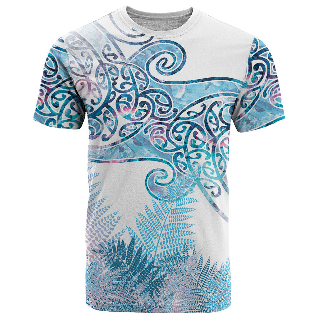 Aotearoa Maori Koru Curves T Shirt Aqua Paua Shell LT7 Blue - Polynesian Pride
