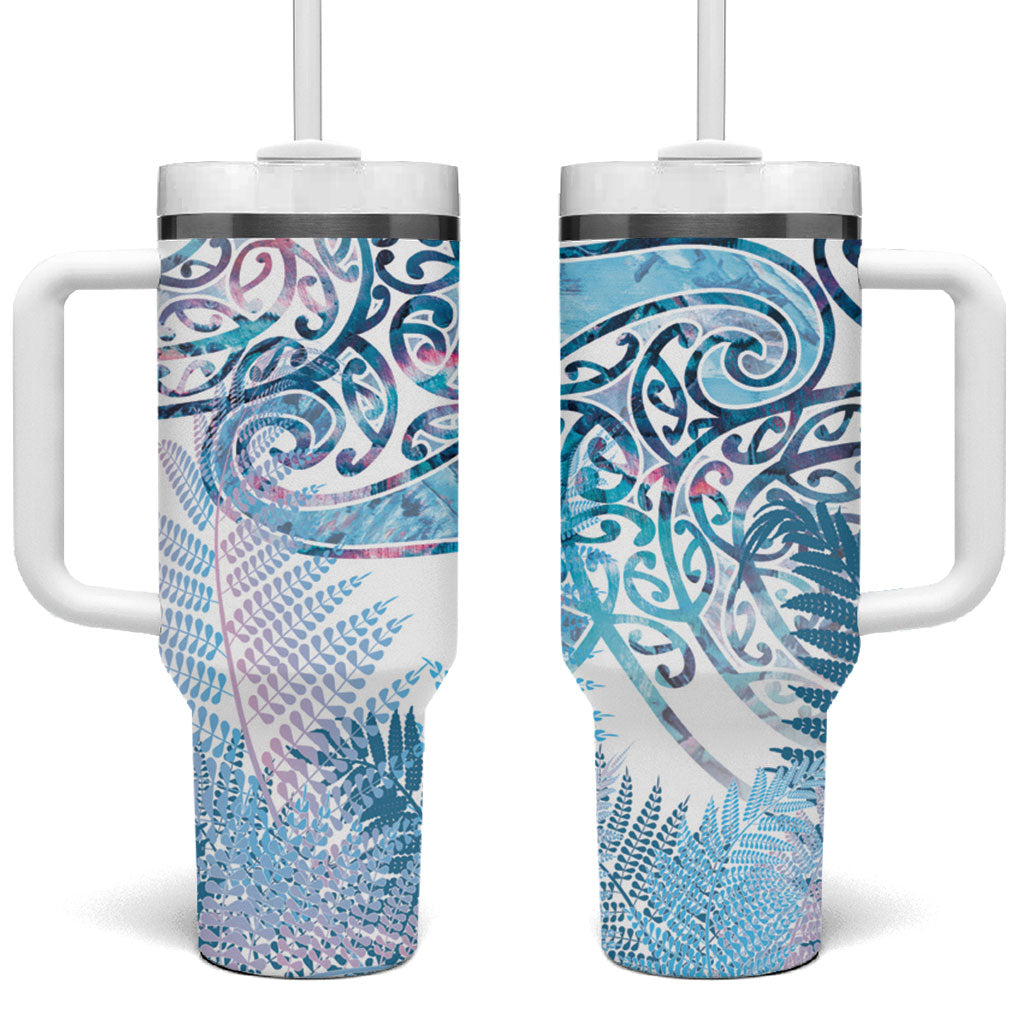 Aotearoa Maori Koru Curves Tumbler With Handle Aqua Paua Shell LT7 One Size: 40 oz Blue - Polynesian Pride