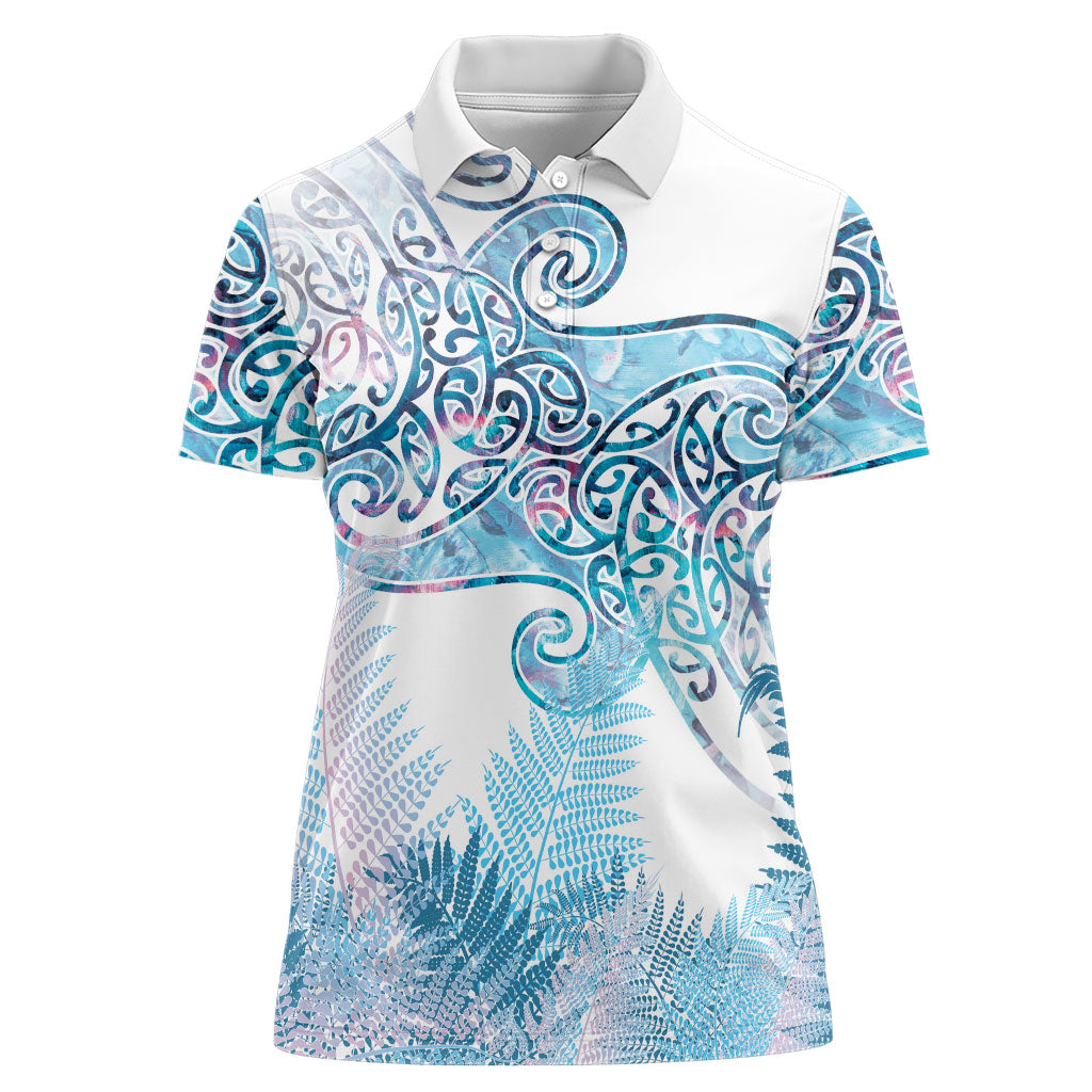 Aotearoa Maori Koru Curves Women Polo Shirt Aqua Paua Shell LT7 Female Blue - Polynesian Pride