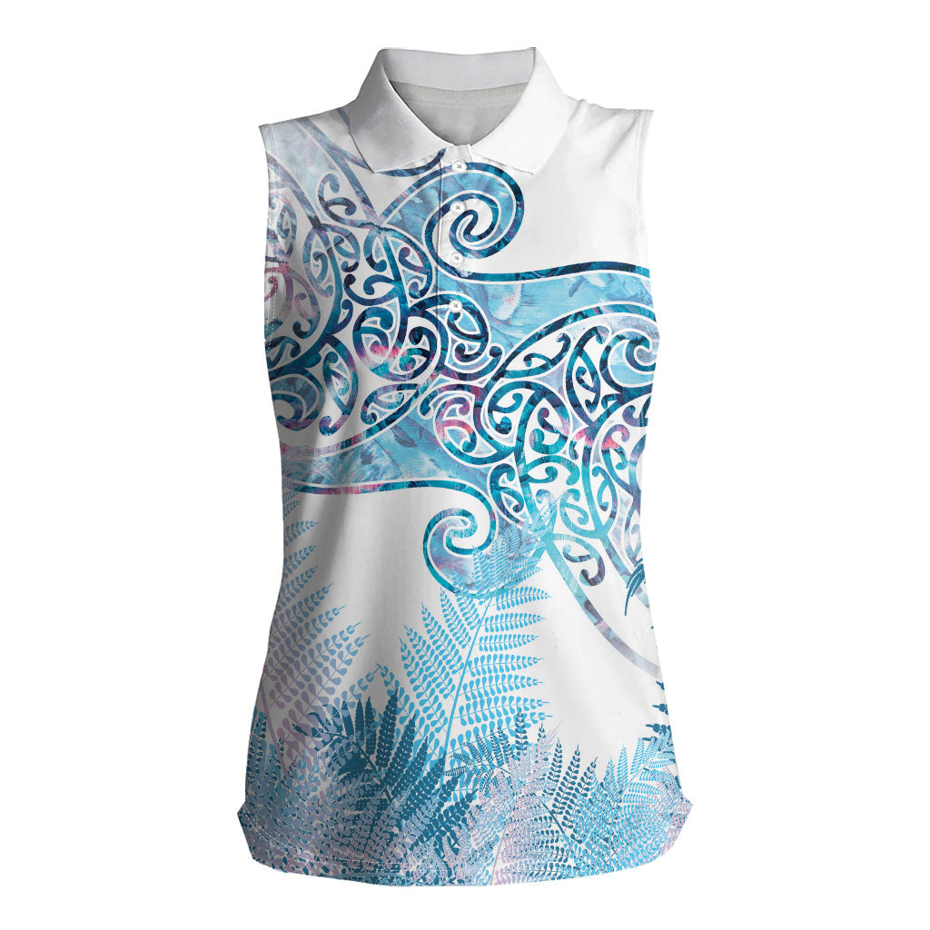 Aotearoa Maori Koru Curves Women Sleeveless Polo Shirt Aqua Paua Shell LT7 Female Blue - Polynesian Pride