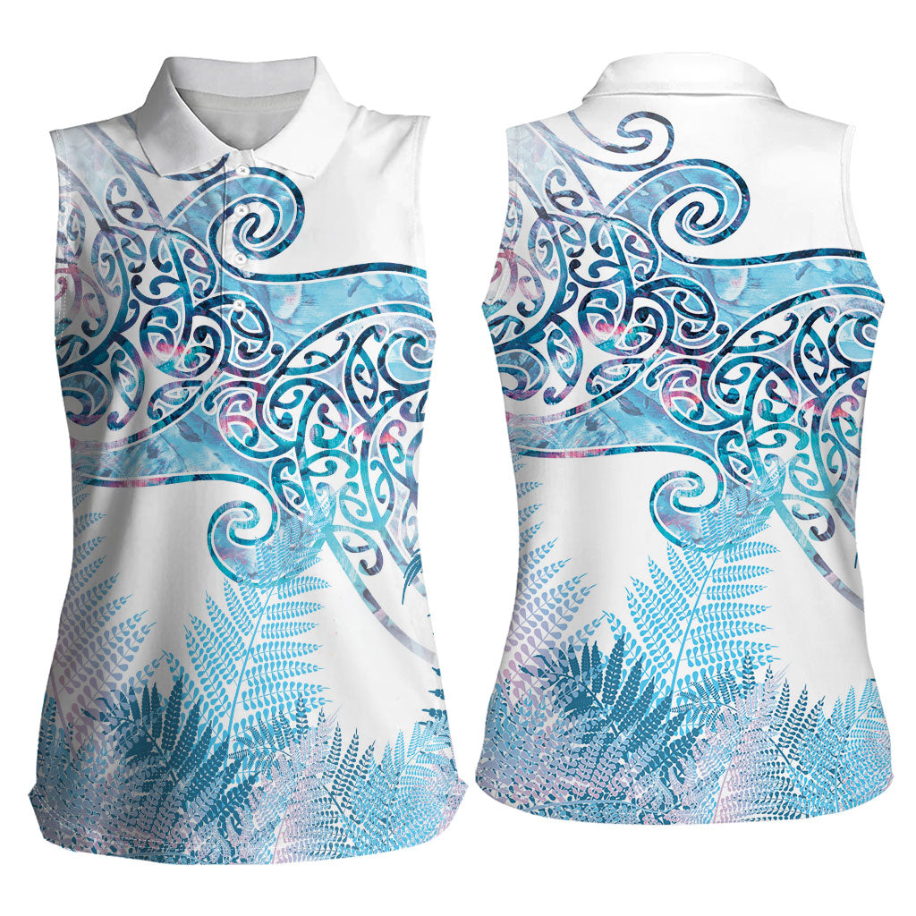 Aotearoa Maori Koru Curves Women Sleeveless Polo Shirt Aqua Paua Shell LT7 - Polynesian Pride