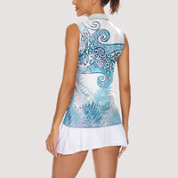 Aotearoa Maori Koru Curves Women Sleeveless Polo Shirt Aqua Paua Shell LT7 - Polynesian Pride