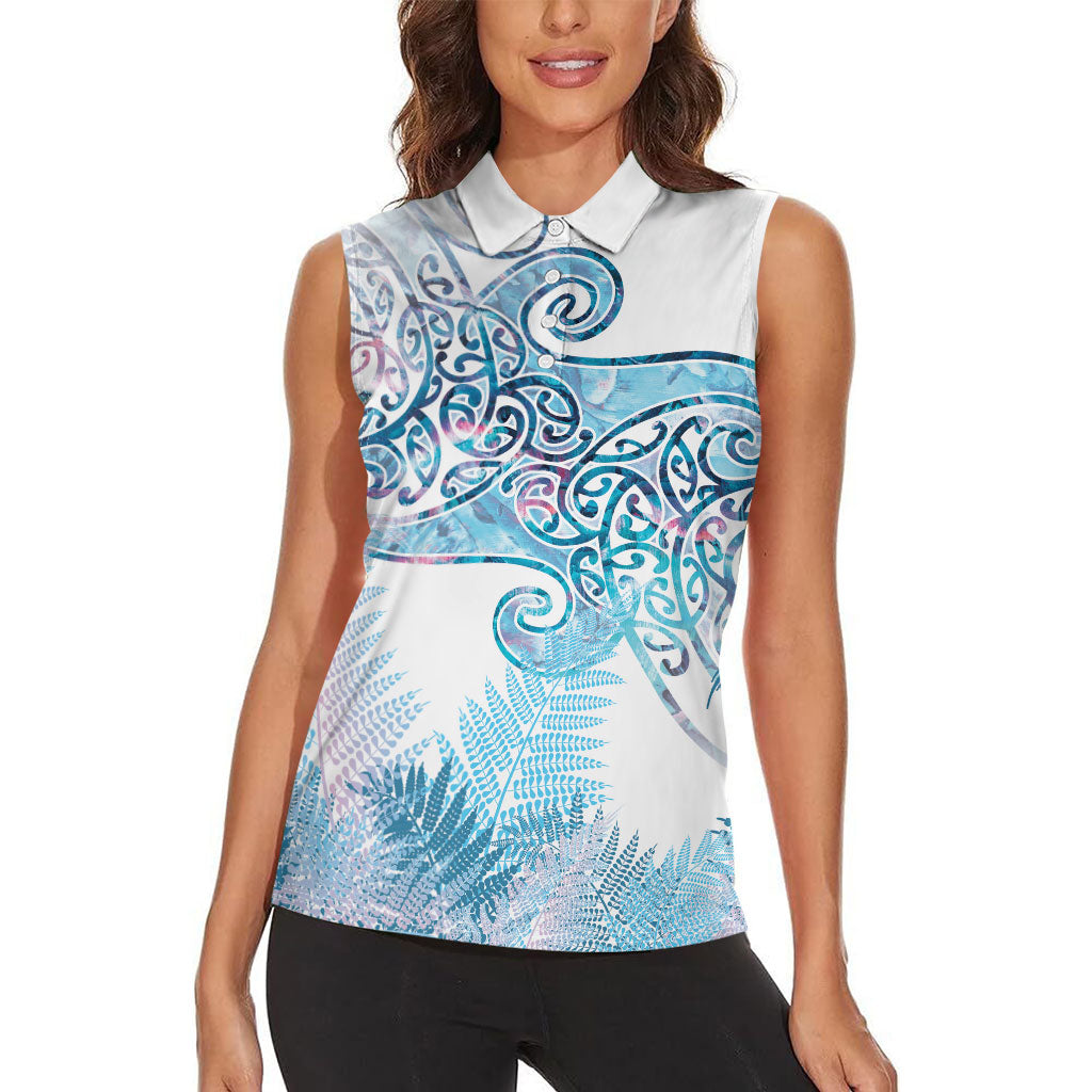 Aotearoa Maori Koru Curves Women Sleeveless Polo Shirt Aqua Paua Shell LT7 - Polynesian Pride