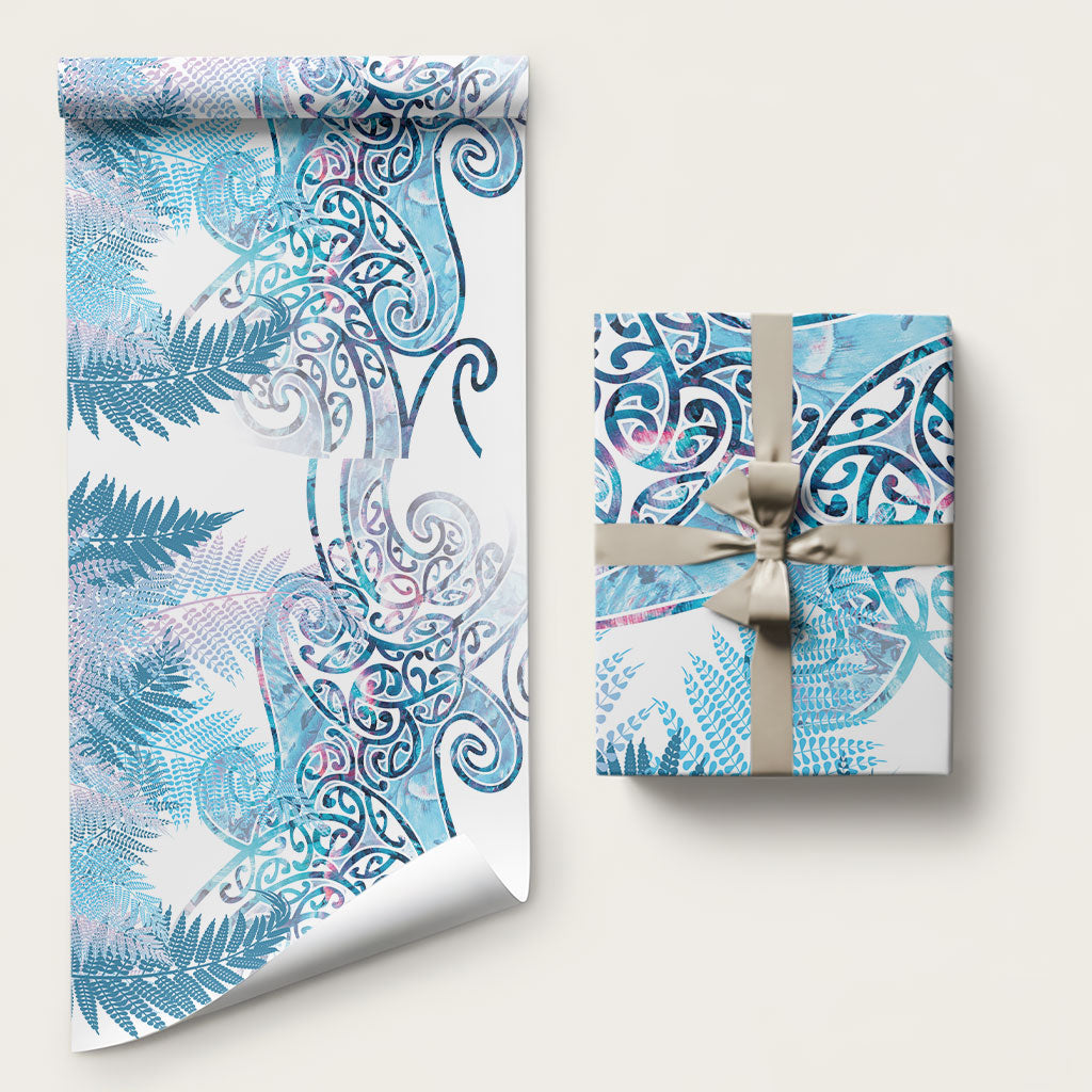 Aotearoa Maori Koru Curves Wrapping Paper Aqua Paua Shell LT7 58" × 23" Blue - Polynesian Pride