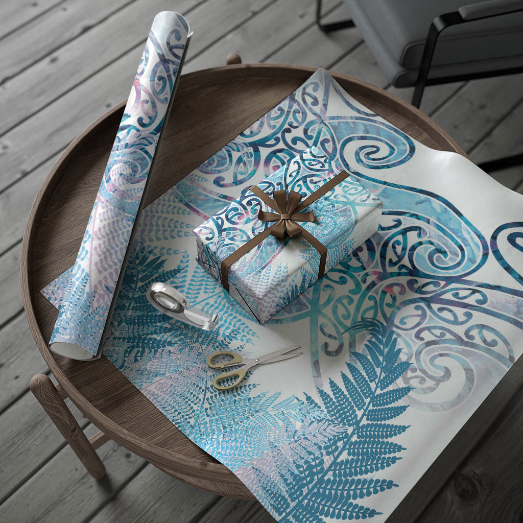 Aotearoa Maori Koru Curves Wrapping Paper Aqua Paua Shell LT7 - Polynesian Pride