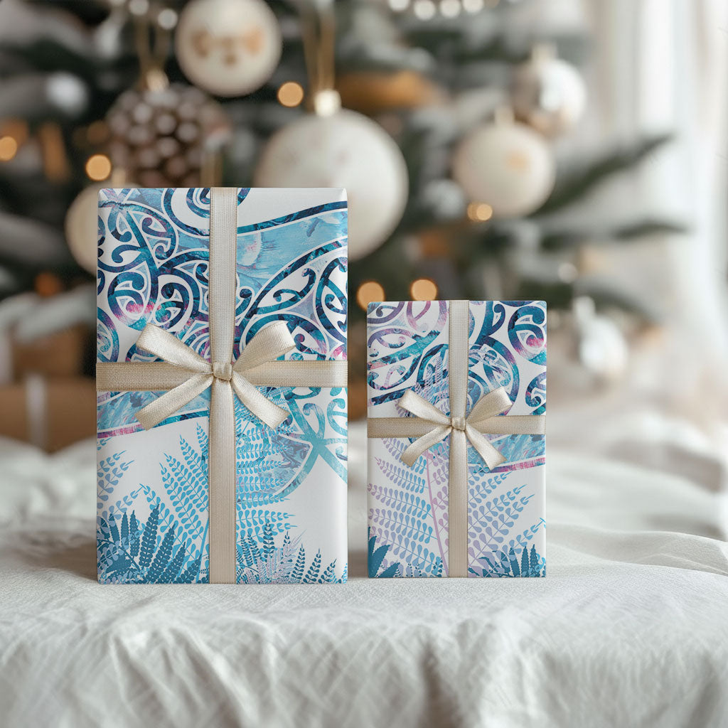 Aotearoa Maori Koru Curves Wrapping Paper Aqua Paua Shell LT7 - Polynesian Pride