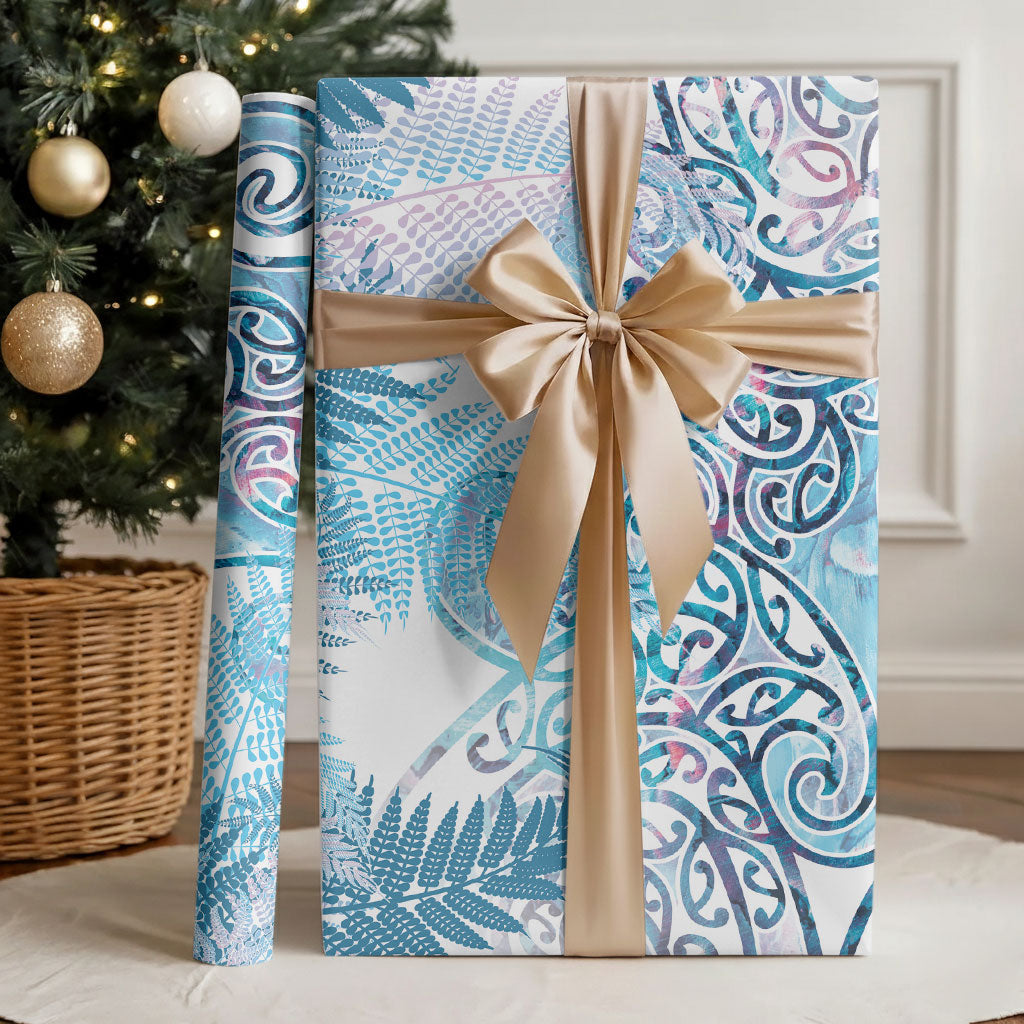 Aotearoa Maori Koru Curves Wrapping Paper Aqua Paua Shell LT7 - Polynesian Pride