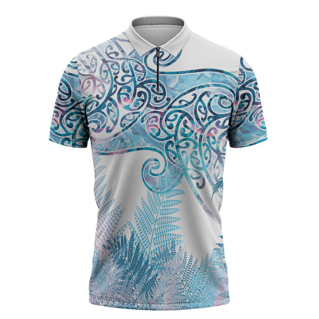 Aotearoa Maori Koru Curves Zipper Polo Shirt Aqua Paua Shell LT7 Blue - Polynesian Pride
