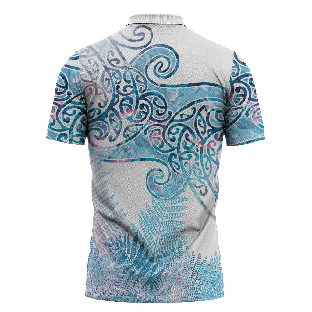Aotearoa Maori Koru Curves Zipper Polo Shirt Aqua Paua Shell LT7 - Polynesian Pride