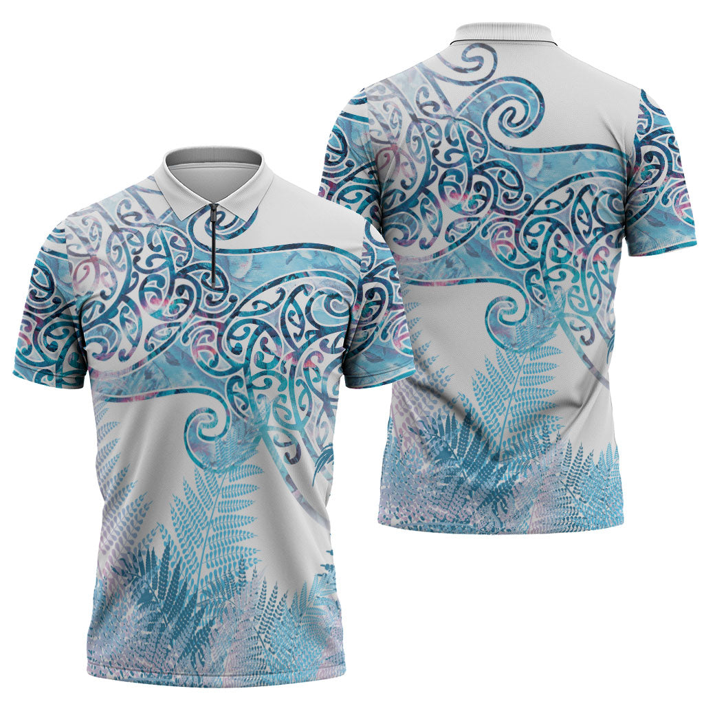Aotearoa Maori Koru Curves Zipper Polo Shirt Aqua Paua Shell LT7 - Polynesian Pride