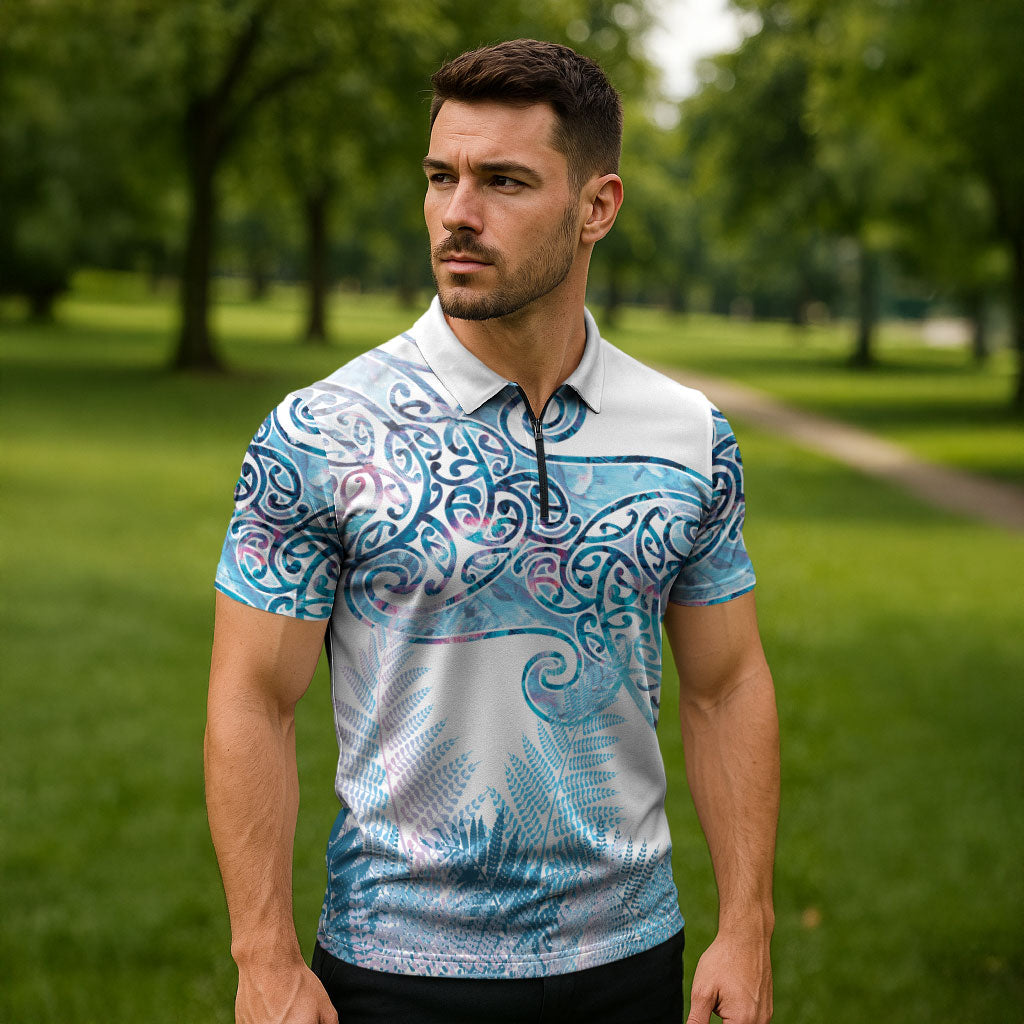 Aotearoa Maori Koru Curves Zipper Polo Shirt Aqua Paua Shell LT7 - Polynesian Pride
