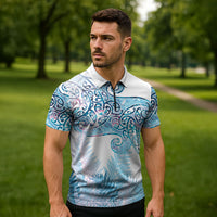 Aotearoa Maori Koru Curves Zipper Polo Shirt Aqua Paua Shell LT7 - Polynesian Pride
