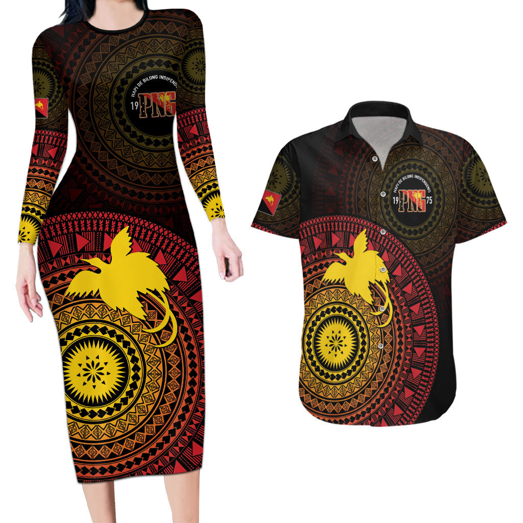 Papua New Guinea Independence Personalized Couples Matching Long Sleeve Bodycon Dress and Hawaiian Shirt Tapa Circle LT7 Black - Polynesian Pride