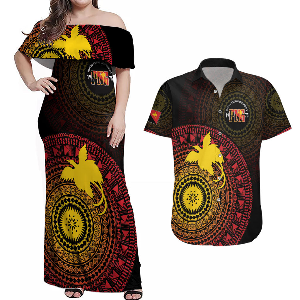 Papua New Guinea Independence Personalized Couples Matching Off Shoulder Maxi Dress and Hawaiian Shirt Tapa Circle LT7 Black - Polynesian Pride