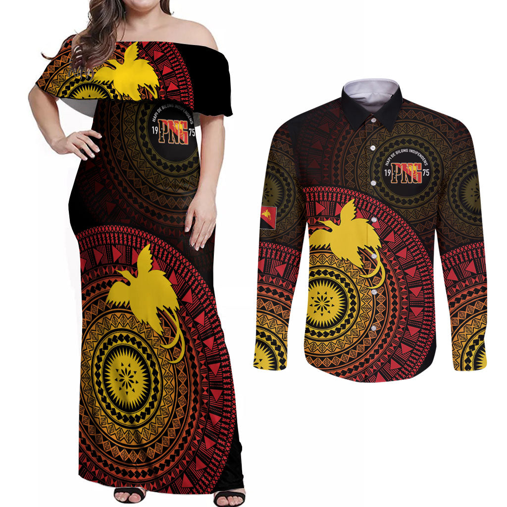 Papua New Guinea Independence Personalized Couples Matching Off Shoulder Maxi Dress and Long Sleeve Button Shirt Tapa Circle