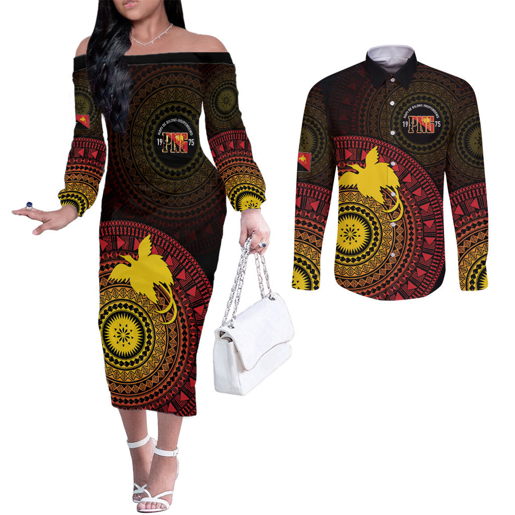 Papua New Guinea Independence Personalized Couples Matching Off The Shoulder Long Sleeve Dress and Long Sleeve Button Shirt Tapa Circle