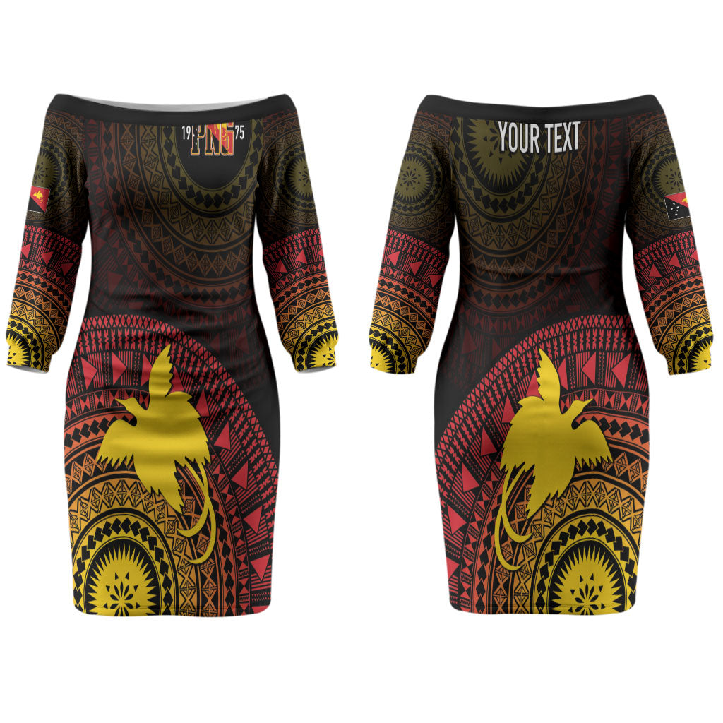 Papua New Guinea Independence Personalized Couples Matching Off The Shoulder Long Sleeve Dress and Long Sleeve Button Shirt Tapa Circle LT7 - Polynesian Pride