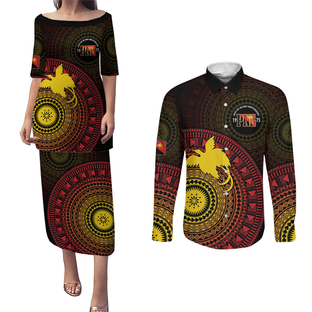 Papua New Guinea Independence Personalized Couples Matching Puletasi and Long Sleeve Button Shirt Tapa Circle