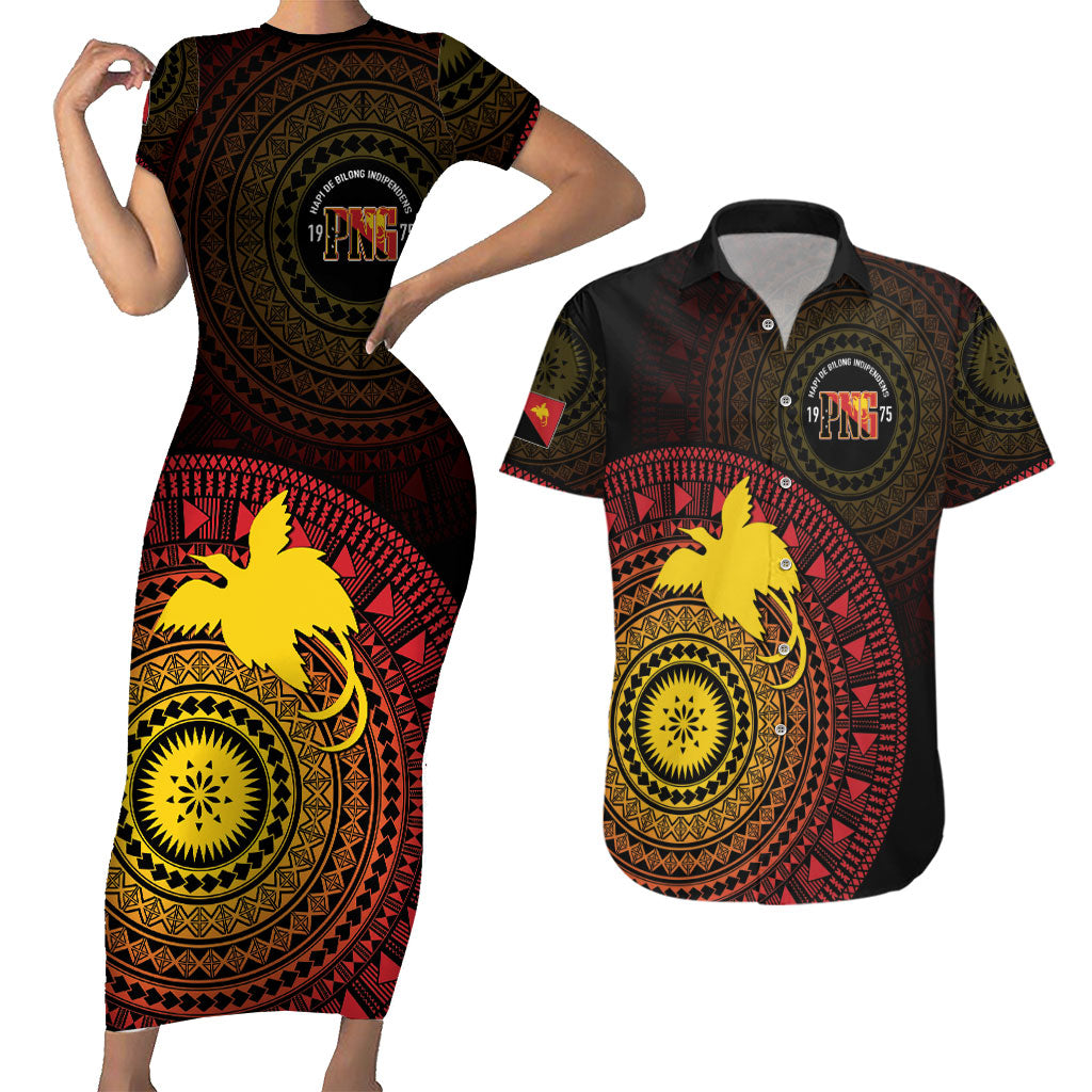 Papua New Guinea Independence Personalized Couples Matching Short Sleeve Bodycon Dress and Hawaiian Shirt Tapa Circle