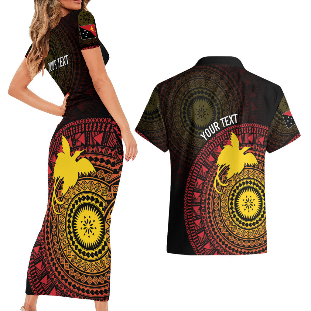 Papua New Guinea Independence Personalized Couples Matching Short Sleeve Bodycon Dress and Hawaiian Shirt Tapa Circle