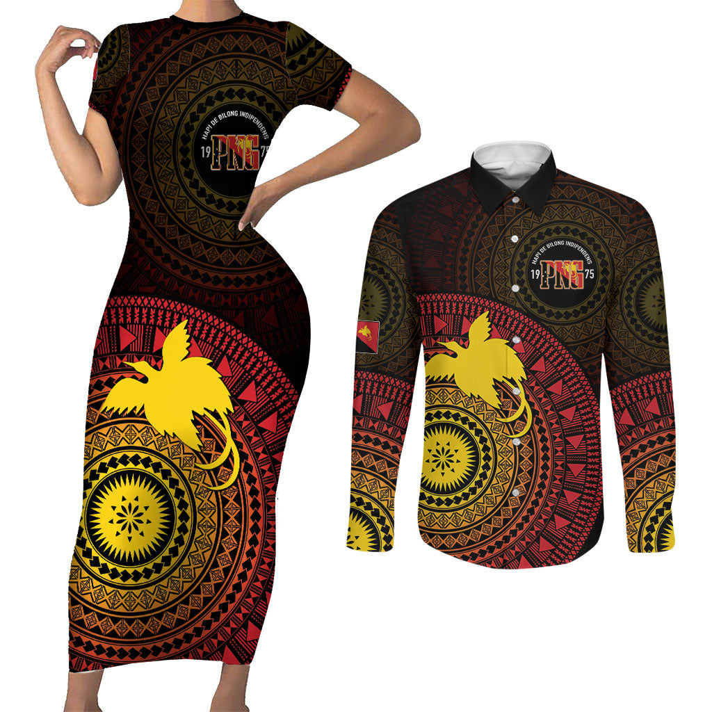 Papua New Guinea Independence Personalized Couples Matching Short Sleeve Bodycon Dress and Long Sleeve Button Shirt Tapa Circle