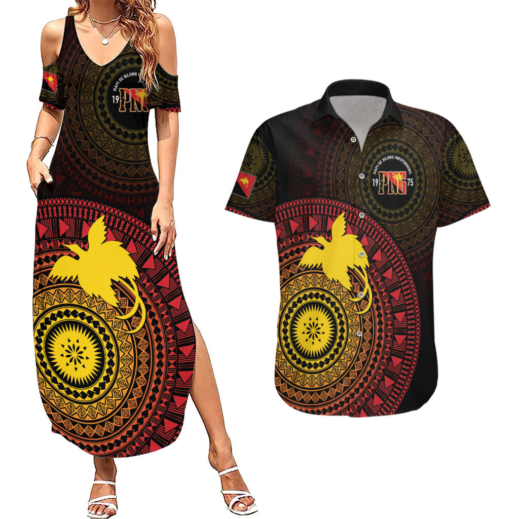 Papua New Guinea Independence Personalized Couples Matching Summer Maxi Dress and Hawaiian Shirt Tapa Circle LT7 Black - Polynesian Pride