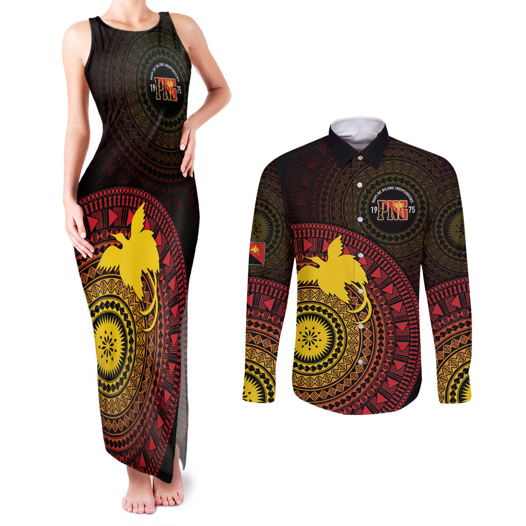 Papua New Guinea Independence Personalized Couples Matching Tank Maxi Dress and Long Sleeve Button Shirt Tapa Circle