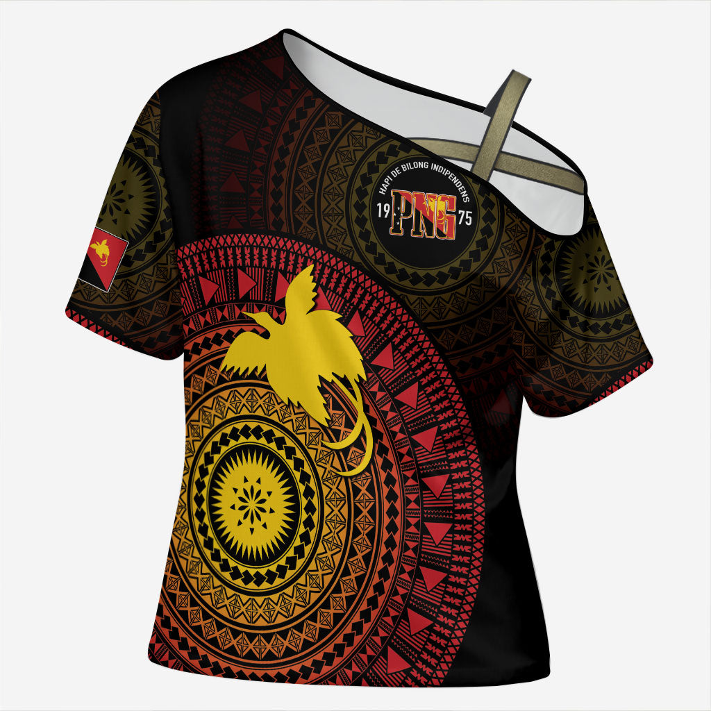 Papua New Guinea Independence Personalized Cross Shoulder Shirt Tapa Circle LT7 Female Black - Polynesian Pride