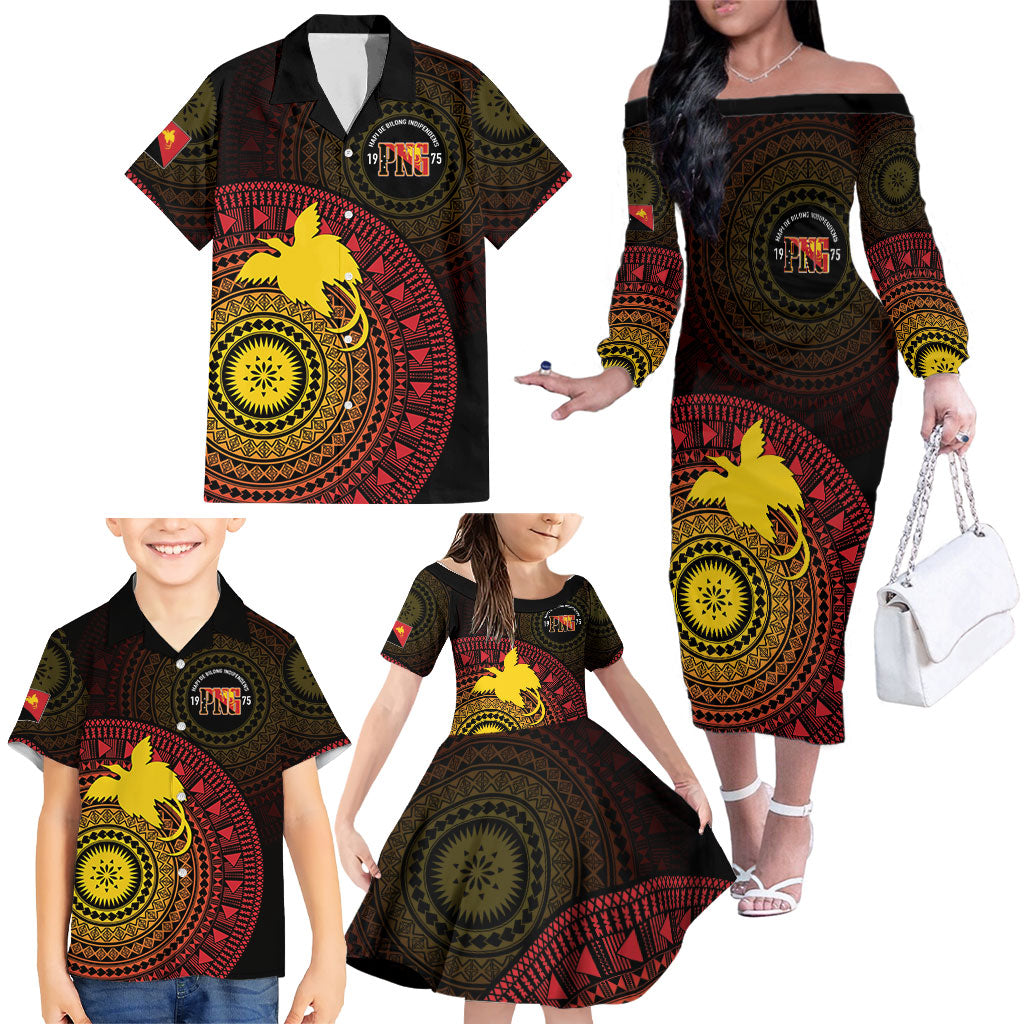 Papua New Guinea Independence Personalized Family Matching Off The Shoulder Long Sleeve Dress and Hawaiian Shirt Tapa Circle