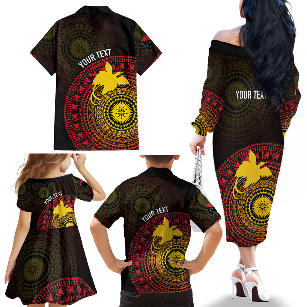 Papua New Guinea Independence Personalized Family Matching Off The Shoulder Long Sleeve Dress and Hawaiian Shirt Tapa Circle