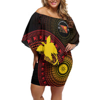 Papua New Guinea Independence Personalized Family Matching Off Shoulder Short Dress and Hawaiian Shirt Tapa Circle