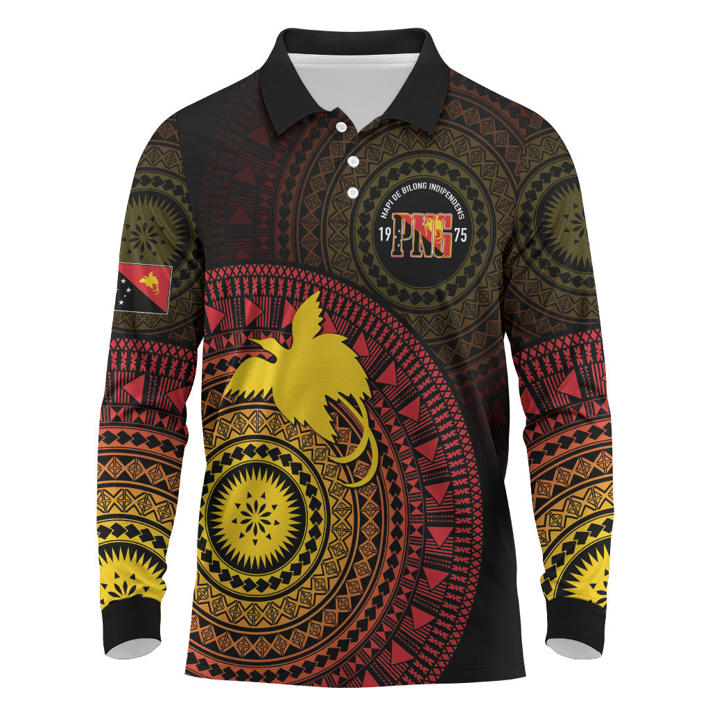 Papua New Guinea Independence Personalized Long Sleeve Polo Shirt Tapa Circle LT7 Black - Polynesian Pride