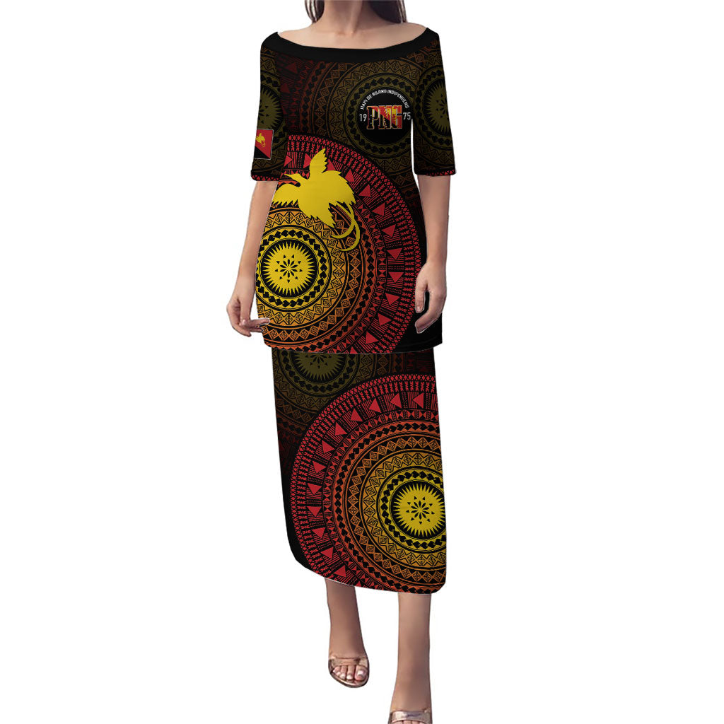 Papua New Guinea Independence Personalized Puletasi Tapa Circle LT7 Long Dress Black - Polynesian Pride