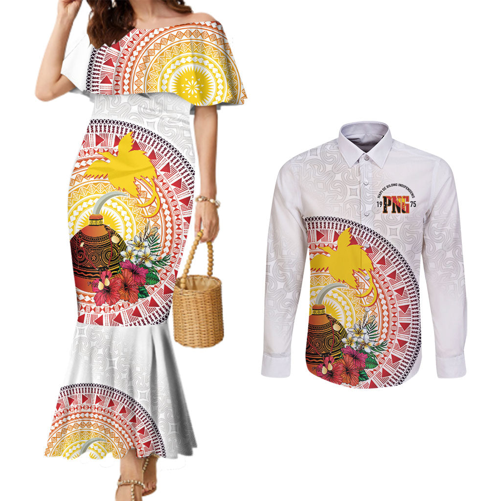 Hapi De Bilong Indipendens Papua New Guinea Couples Matching Mermaid Dress and Long Sleeve Button Shirt PNG Lime Pot